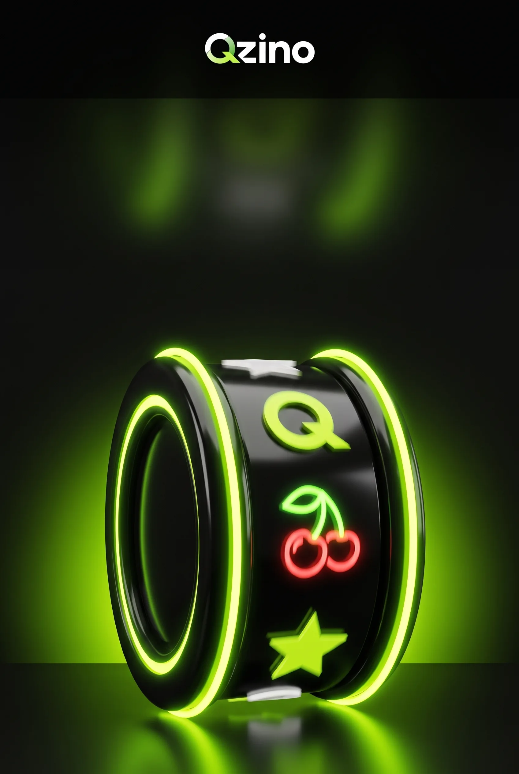 Dreidimensionales Qzino Slot-Symbol mit Kirschen und Stern